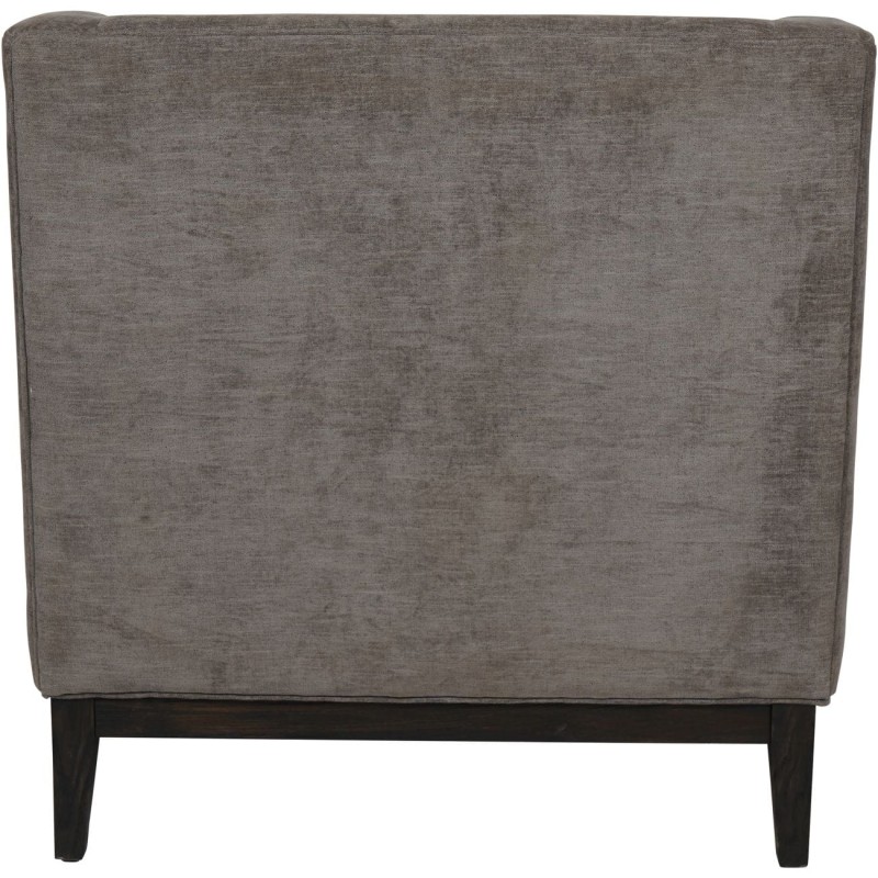 Cheval grey upholstered armchair with button-tufted back and dark wood frame