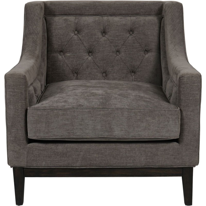 Cheval grey upholstered armchair with button-tufted back and dark wood frame