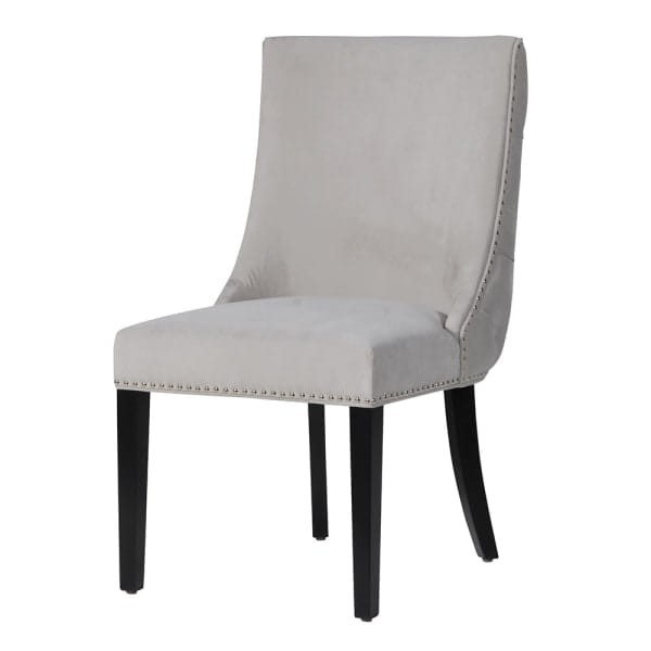 Savile Grey dining chair with light grey upholstery and black wooden legs