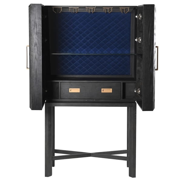 Black drinks cabinet with navy velvet interior