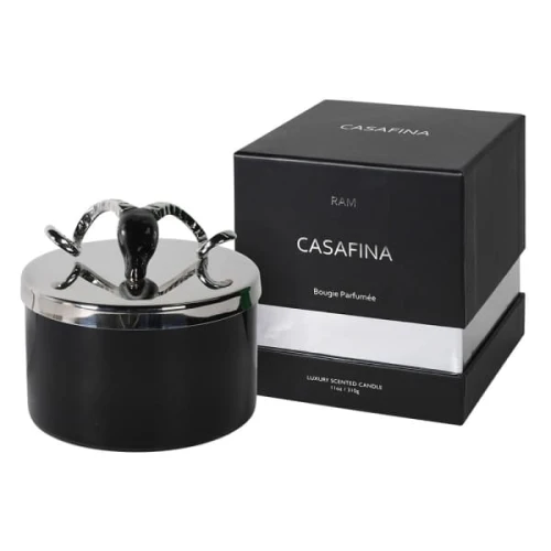 Noir Oud Wood Scented Candle – Black Glass with Silver Ram