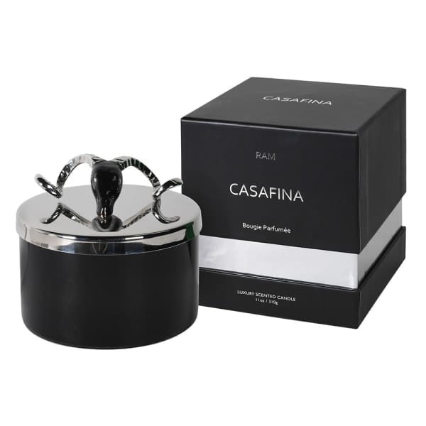 Noir Oud Wood Scented Candle – Black Glass with Silver Ram