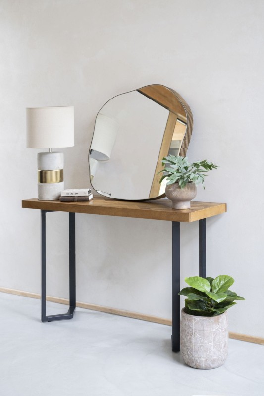 Large asymmetric mirror with gold metal frame