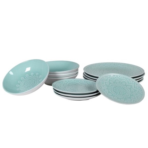 Mandala Blue 12-Piece Stoneware Plates and Bowls Set - Dinner set