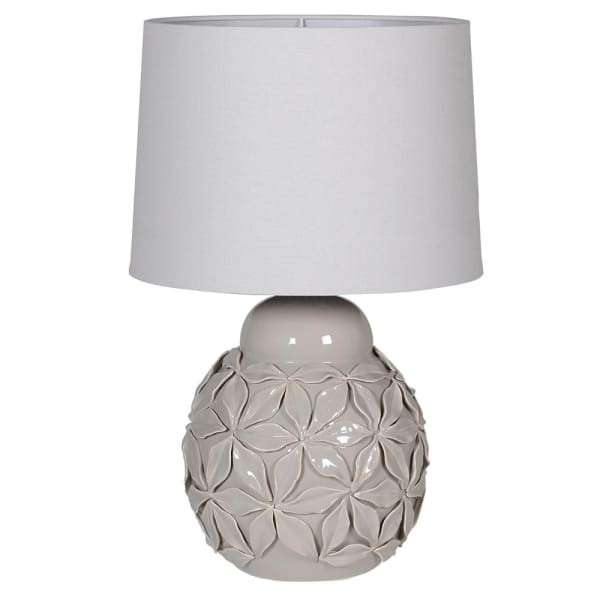 Beige ceramic bedside table lamp with embossed floral pattern