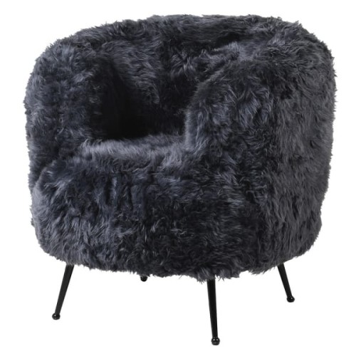 Lyall Elegant Grey Sheepskin Armchair 90 cm – Dark Grey Chair with Black Legs