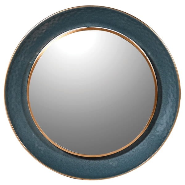 Round statement mirror with a hand-finished blue metal frame