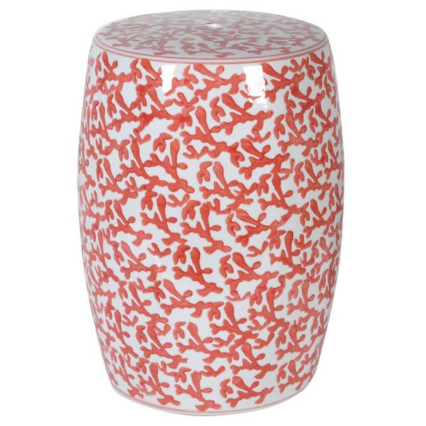 Coral Porcelain Stool 44 cm – Red and White Porcelain Side Table