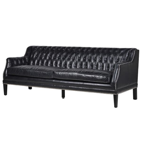 Boscobel Black Leather Sofa 215 cm silver details three seater sofa