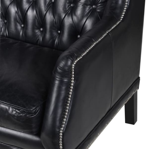 Boscobel Black Leather Sofa 215 cm silver details three seater sofa