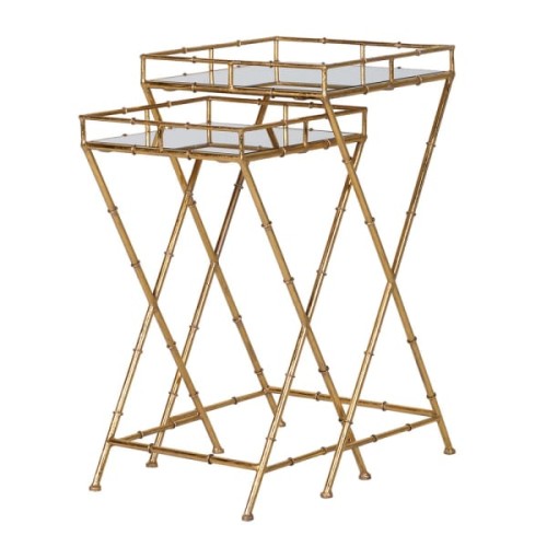 Two Gold Side Tables Bamboo 76 and 67 cm Iron Base Glass Top