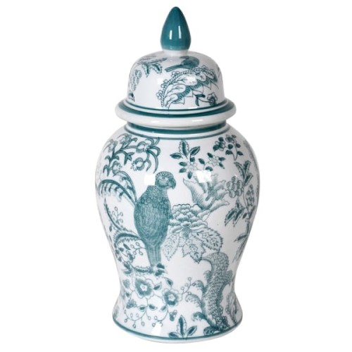 White and Green Ceramic Ginger Jar with Decorative Lid, 37 cm