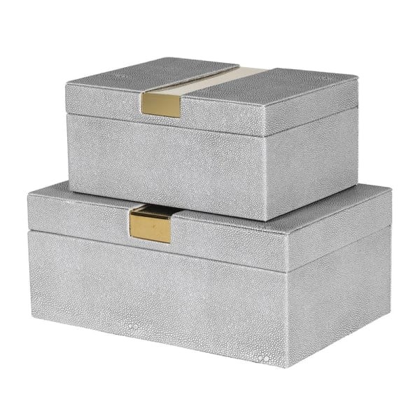 Set of 2 light grey faux shagreen decorative storage boxes with gold details