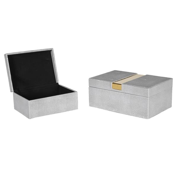 Set of 2 light grey faux shagreen decorative storage boxes with gold details