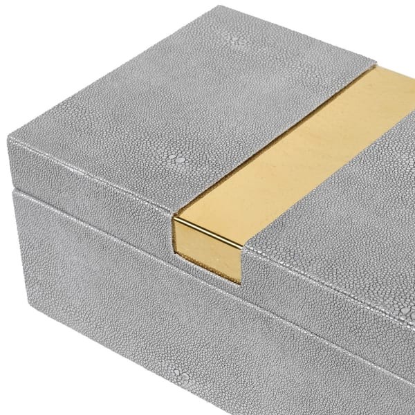 Set of 2 light grey faux shagreen decorative storage boxes with gold details