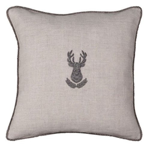 Stag Silver Decorative Cushion 45 x 45 cm – 100% Linen with Hand-Embroidered Stag and Feather Filling