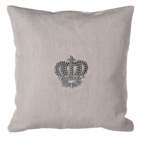 Crown Silver Decorative Cushion 45 x 45 cm – 100% Linen with Hand-Embroidered Crown and Feather Filling