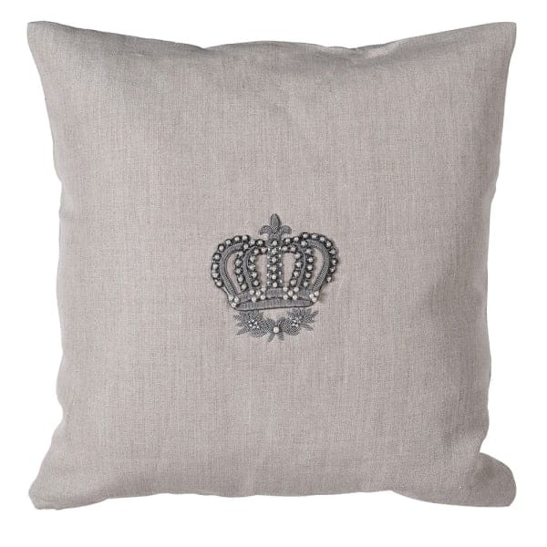 Beige linen cushion with hand-finished silver crown and feather filling