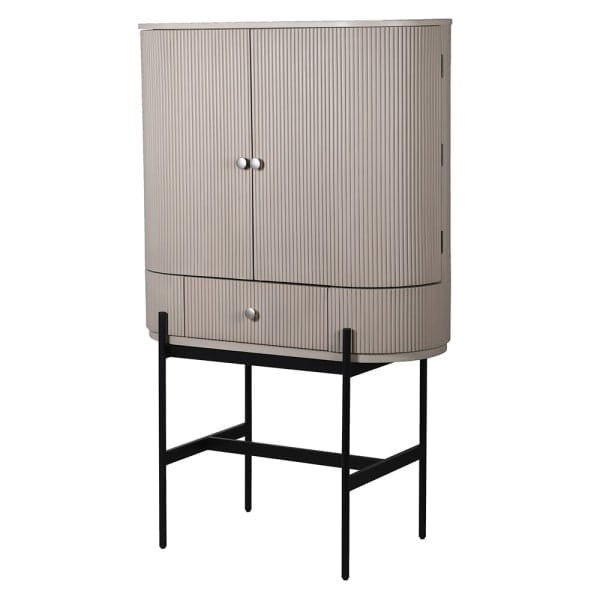 Novum cashmere drinks cabinet 157.5cm with fluted doors, lower drawer and black iron frame
