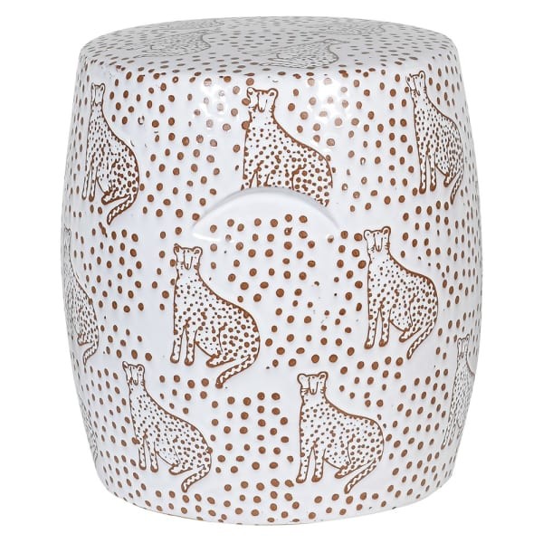 Leopard Ceramic Stool - White and Brown Seat with Wildcat Motif