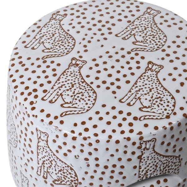 Leopard Ceramic Stool - White and Brown Seat with Wildcat Motif