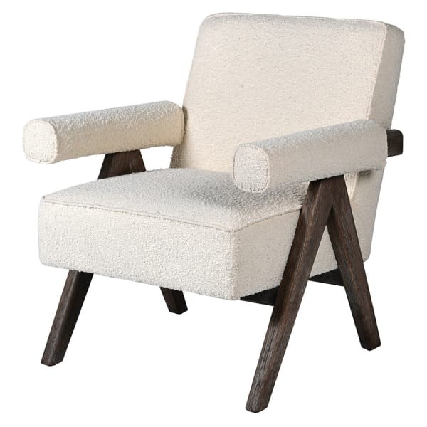 Telcon White bouclé armchair with exposed oak frame
