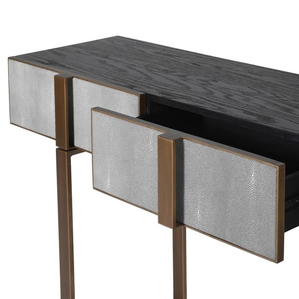 Enderby II Grey Shagreen and Oak Console Table with Gold-Finished Iron Detailing, 180 x 87cm