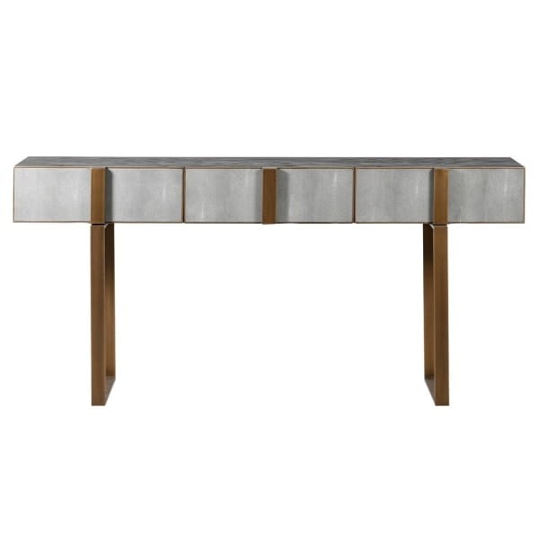 Enderby II Grey Shagreen and Oak Console Table with Gold-Finished Iron Detailing, 180 x 87cm