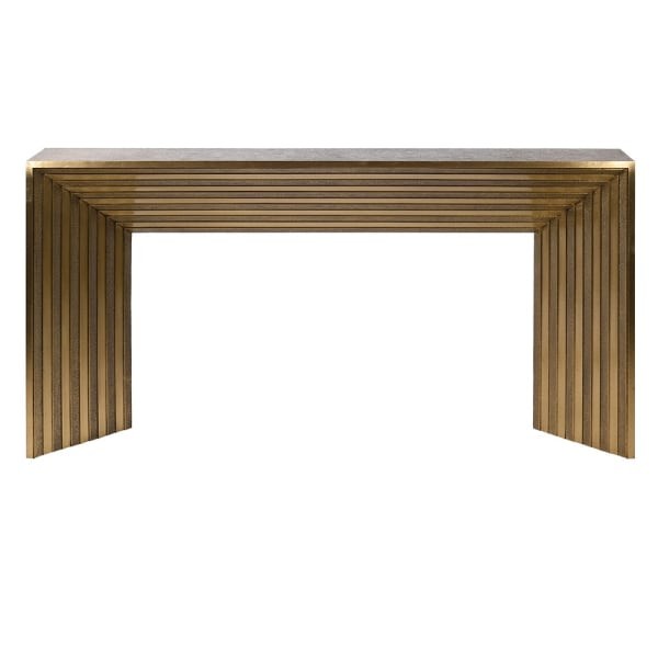 Symmetrical architectural console table in an antiqued gold finish