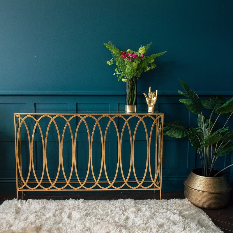 Złota Konsola Belgrave Gold 122x77 cm owalny wzór żelazna rama szklany blat - konsola złota glamour