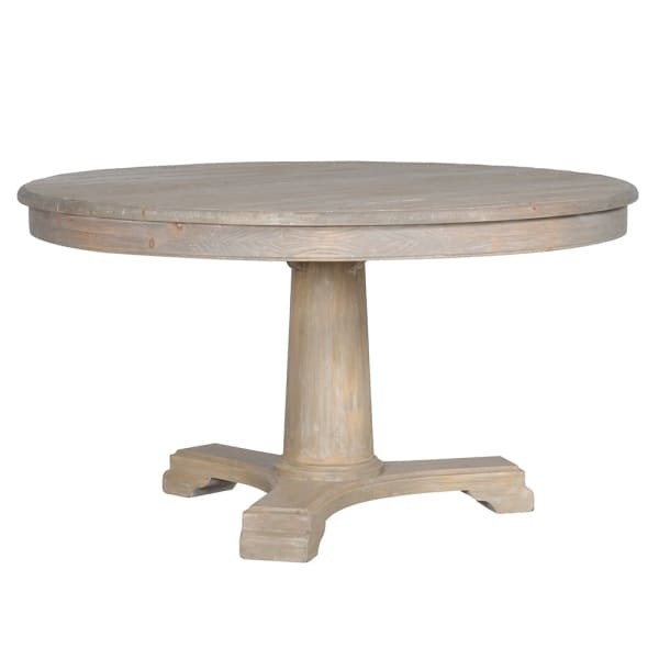 Round reclaimed pine dining table with pedestal base