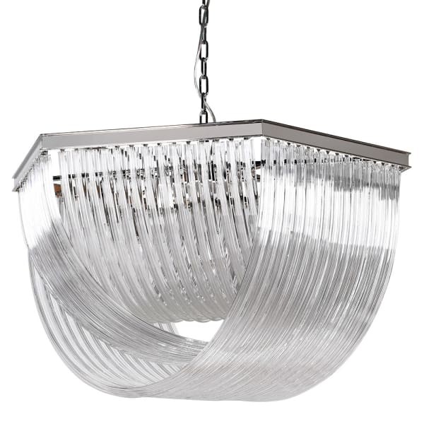 Designer glass chandelier ceiling light with clear tubes and silver frame