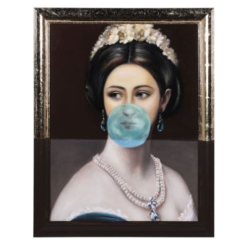 Bubble Gum Woman Portrait Canvas Wall Art 92 × 72 cm with Gold and Black Frame