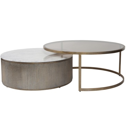 Primrose Coffee Tables – Set of 2 with Marble, Smoked Glass and Antique Gold Finish