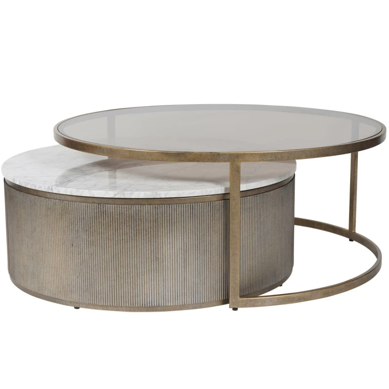 Two overlapping round coffee tables for a living room