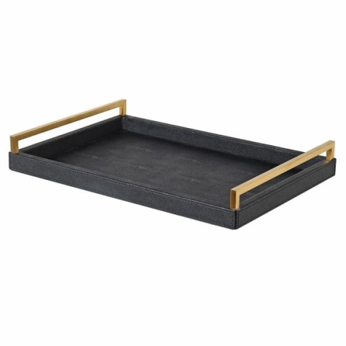 Belgravia Decorative Tray 45 cm – Black Faux Leather and Gold Handles