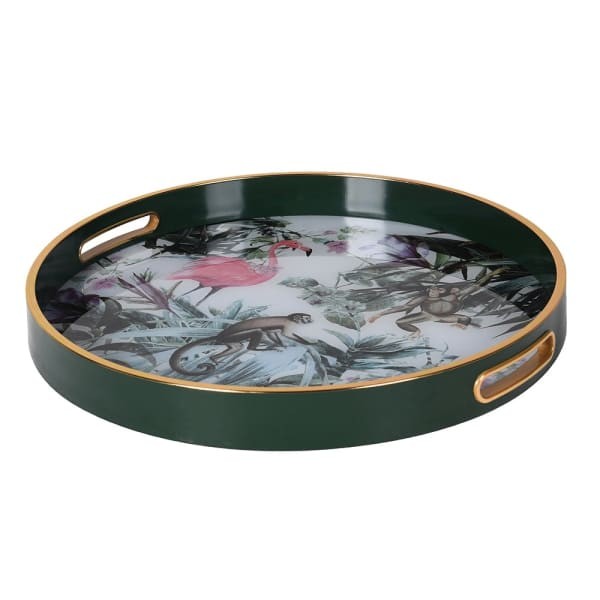 Green and gold round decorative tray with wildlife design