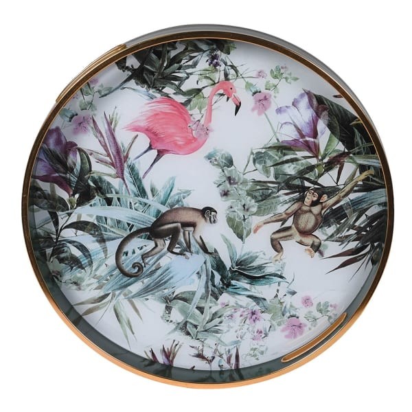 Green and gold round decorative tray with wildlife design