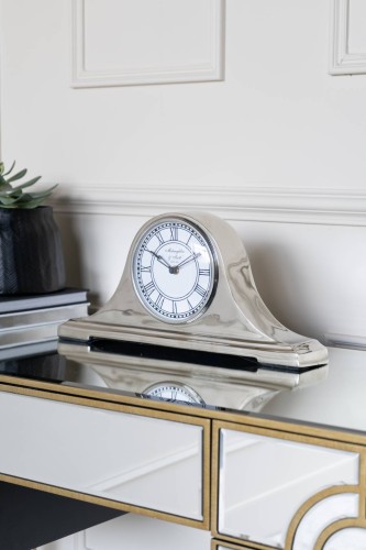 Retro Silver Mantel Clock 44 cm – Polished Steel Quartz Table Clock