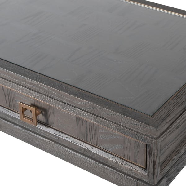 Camile Oak vanity table with antique brass details