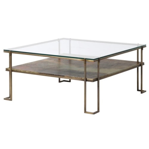 Belgrave Square Coffee Table - 93 cm, Antique Gold Iron Frame with Shelf