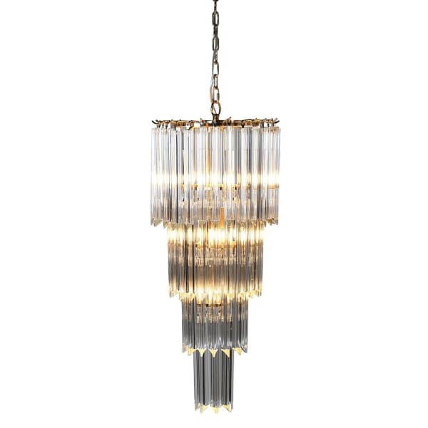 Gold chandelier with four tiers of clear glass panels
