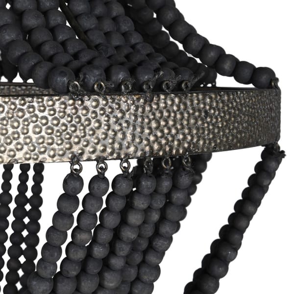 Large black chandelier with wooden beads and an iron frame
