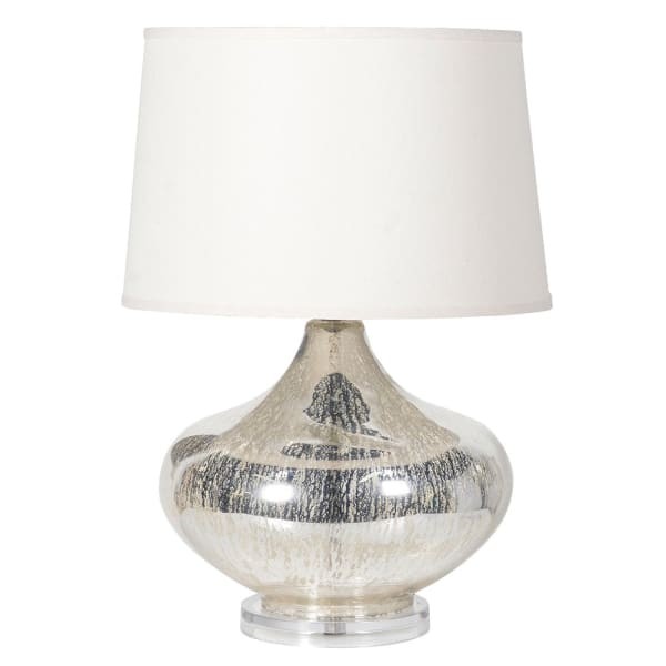 Large mercury glass table lamp with a white shade, 60cm high