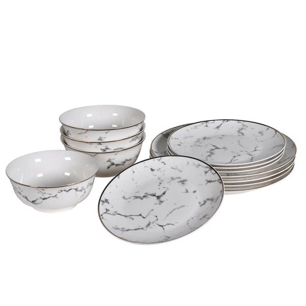 White plates and bowls with grey marble effect