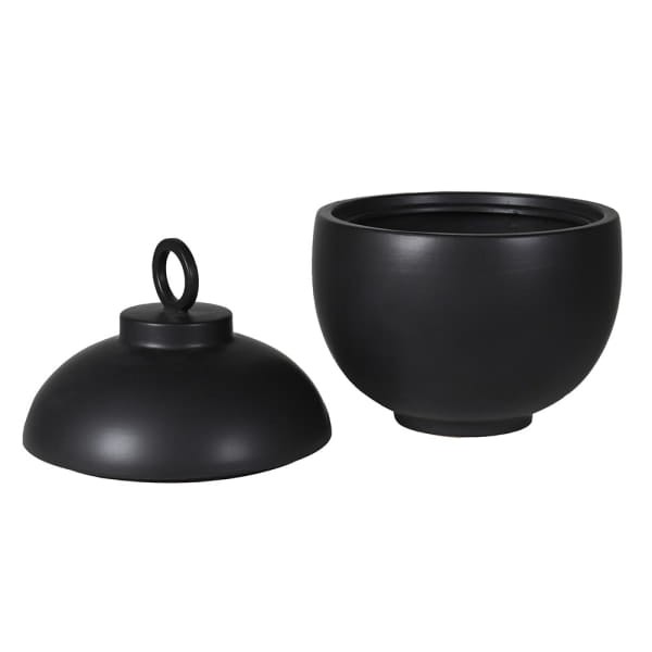 Matte black ceramic jar with a domed lid and ring handle