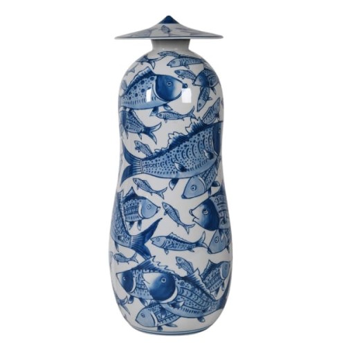 Fish Blue and White Ceramic Decorative Jar with Lid 44 cm