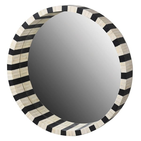 Black and white round wall mirror with buffalo bone frame