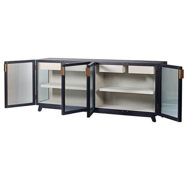 Linton Oak Large Sideboard  214cm Oak, Embossed Iron, Ribbed Glass