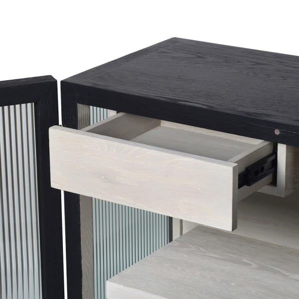 Linton Oak Large Sideboard  214cm Oak, Embossed Iron, Ribbed Glass